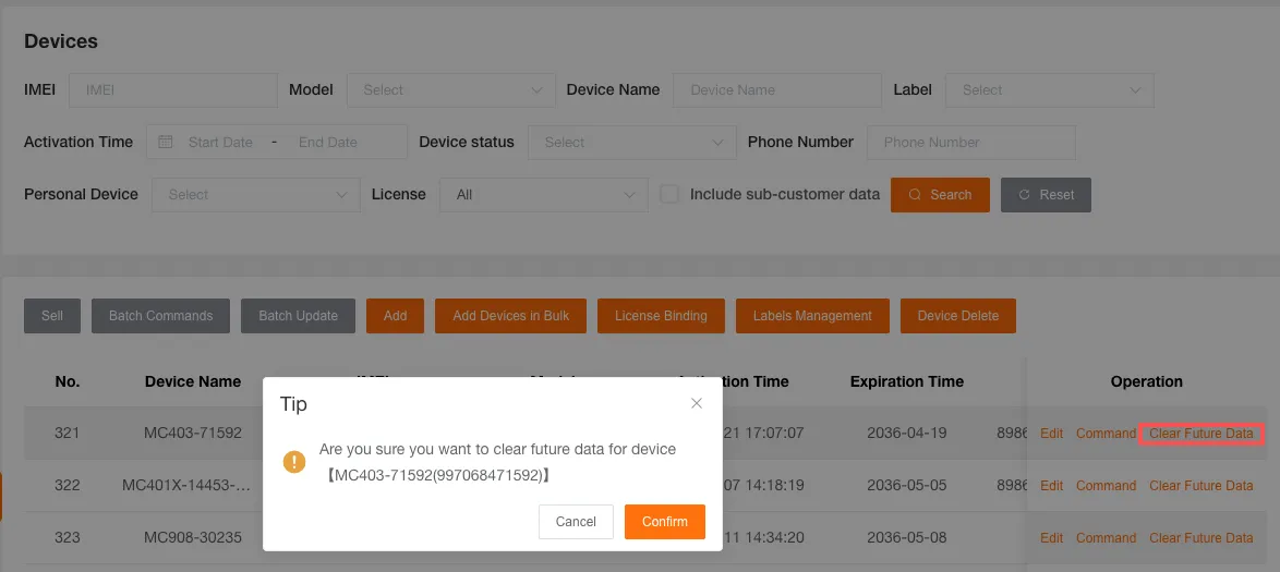 Clear Device Future-Time Data