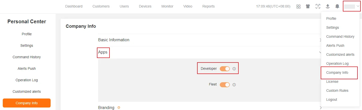 Activating Developer Platform in Application Settings
