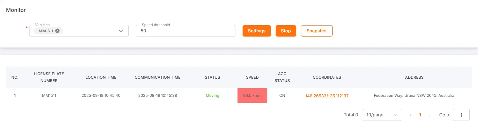 Speed threshold setting and highlighted devices