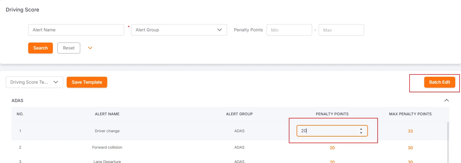 Batch Edit Driving Behavior Scoring Settings Interface