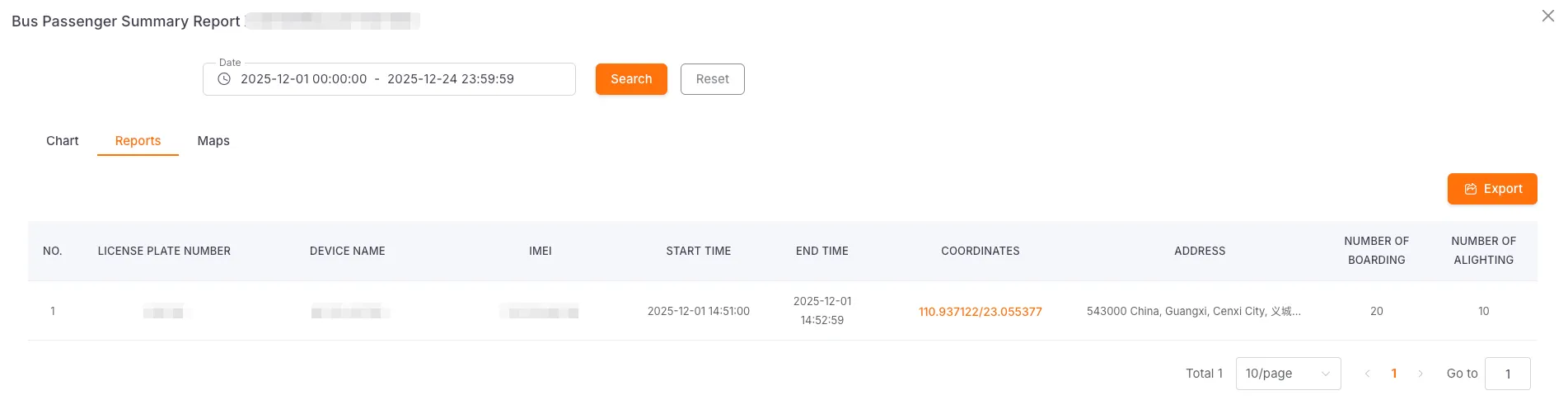 详细乘客报表和地图位置