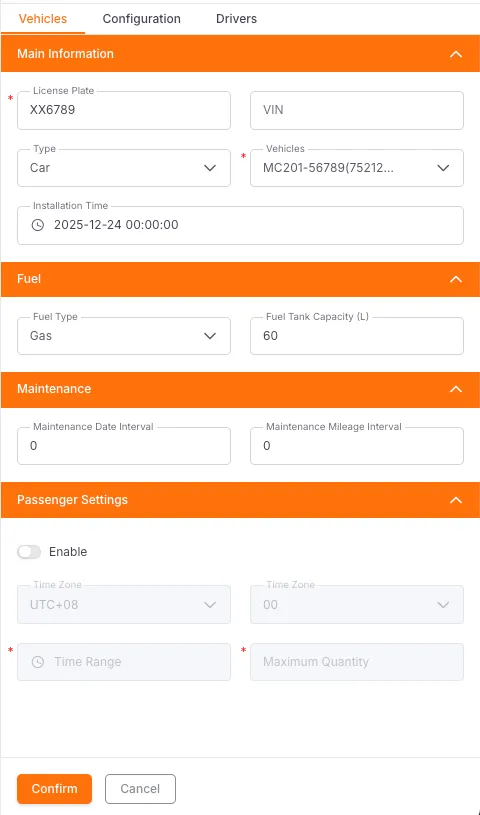 Vehicle Information Form - Main and Fuel Information
