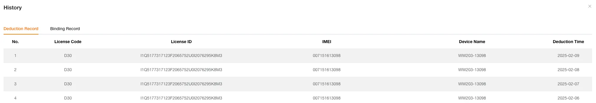 License Deduction Record Interface