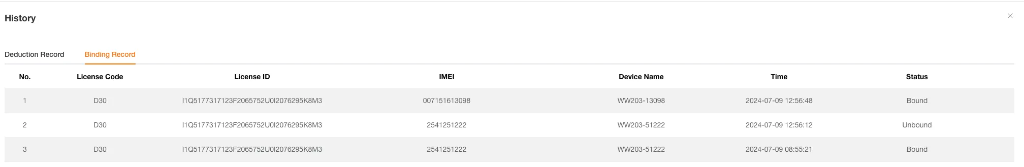 License Binding Record Interface