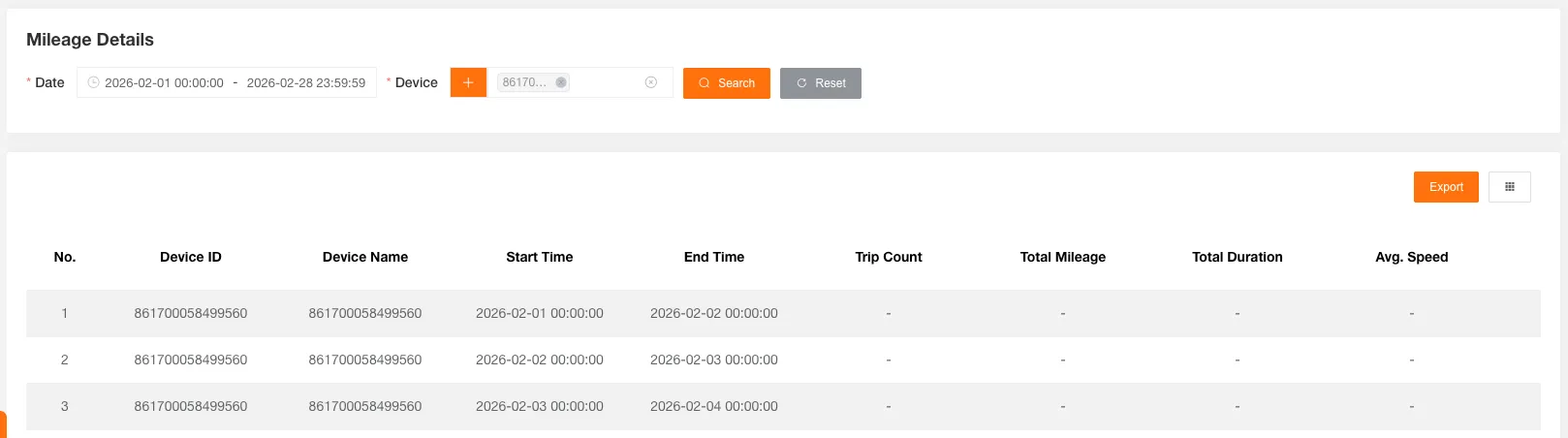 里程详情报表表格